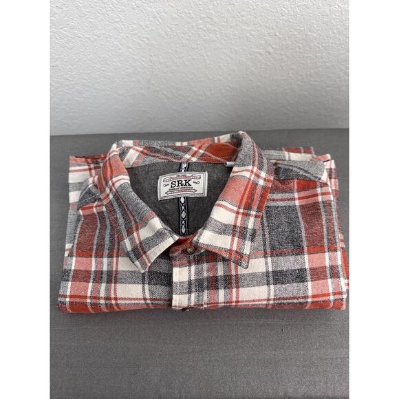 SRK Orange Grey White Plaid Long Sleeve Button Up Warm Flannel Shirt Mens XL - Picture 6 of 9